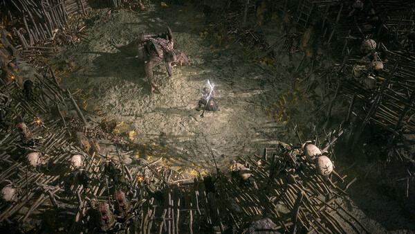 Path of Exile 2 screenshot: A warrior faces a large creature in an arena surrounded by wooden spikes and skulls.