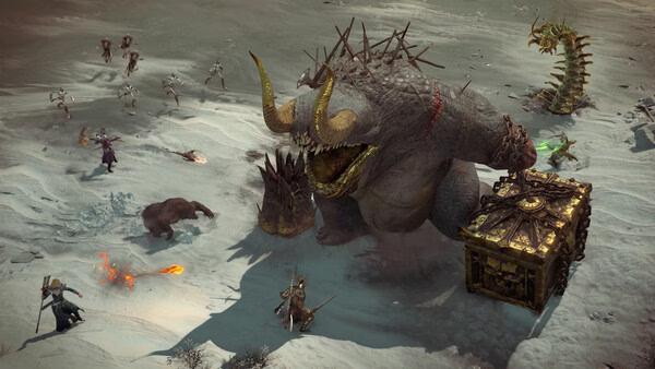 Diablo® IV screenshot: Players battle a massive horned monster, skeletons, and a serpent in a snowy landscape near a golden chest.