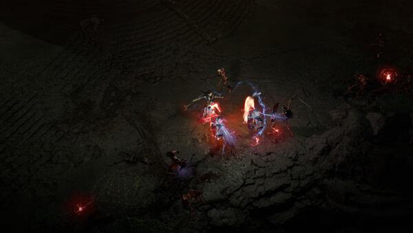 A Diablo® IV screenshot shows a hero battling skeleton warriors amid dark ruins, with magical energy illuminating the scene.