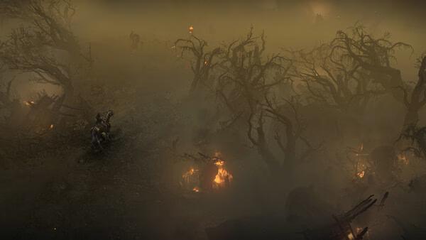 Diablo® IV screenshot: A lone rider travels through a foggy, eerie forest with twisted trees and glowing campfires.