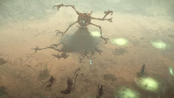 A Diablo® IV screenshot showing players battling a massive tree-like boss in a desolate, foggy landscape with glowing green pools.