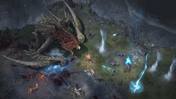 Screenshot from Diablo® IV showing players battling a massive dragon-like creature amidst a rocky landscape with magical effects.