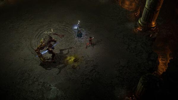 Diablo® IV screenshot showing two characters battling a large, grotesque monster in a dimly lit, ancient stone chamber.