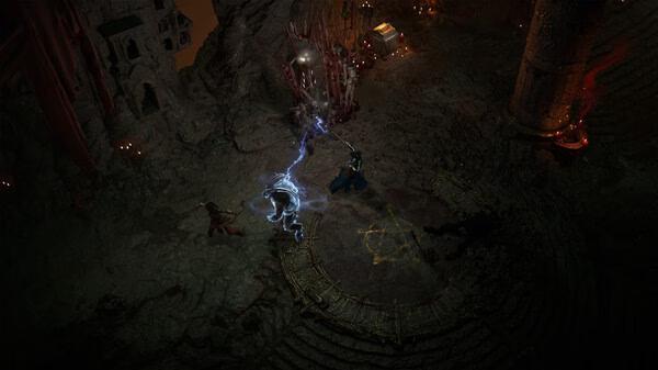 Diablo® IV screenshot: Two characters engaged in a magic battle in a dark, ancient stone chamber with glowing symbols on the ground.