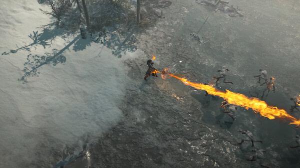 Diablo® IV screenshot: A character unleashes a fiery attack on approaching skeletal enemies in a snowy and desolate landscape.