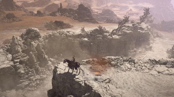 Screenshot of Diablo® IV showing a character on horseback overlooking a rocky, desert landscape with distant mountains.