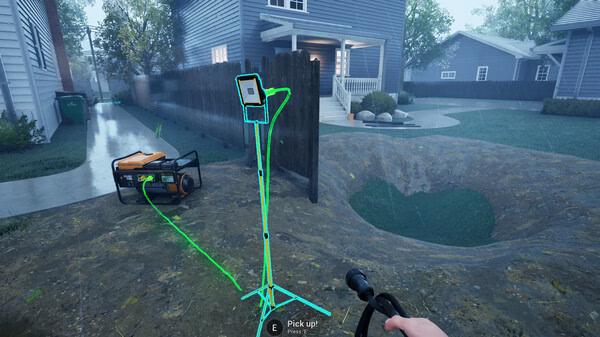 A DrainSim screenshot showing a player holding a tool near a generator and a large sinkhole in a suburban backyard.