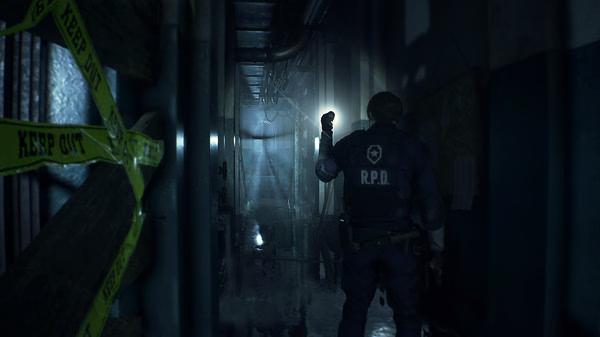 Resident Evil 2 screenshot: A police officer in an RPD uniform explores a dark, eerie hallway with caution tape and a flashlight.