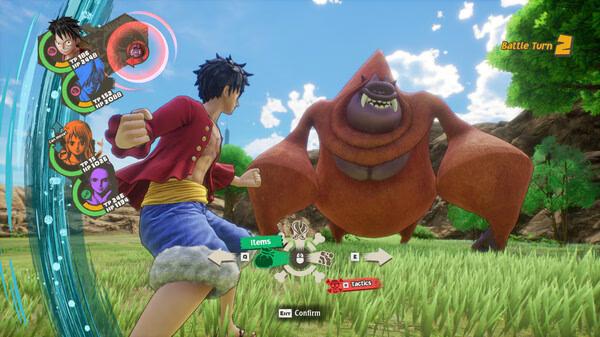 ONE PIECE ODYSSEY screenshot: Luffy faces a large orange enemy in a grassy field with battle options displayed on the screen.