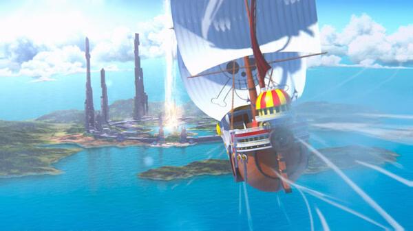 A screenshot from ONE PIECE ODYSSEY showing the Thousand Sunny ship sailing toward a vibrant island with tall rock formations.