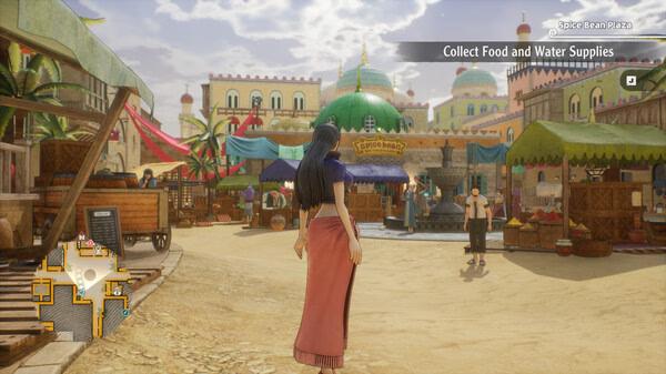 ONE PIECE ODYSSEY screenshot: A character in a colorful plaza tasked with collecting food and water supplies.