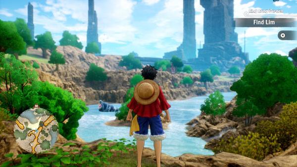 ONE PIECE ODYSSEY screenshot: Luffy stands on a grassy cliff overlooking a river and lush landscape with tall stone structures.