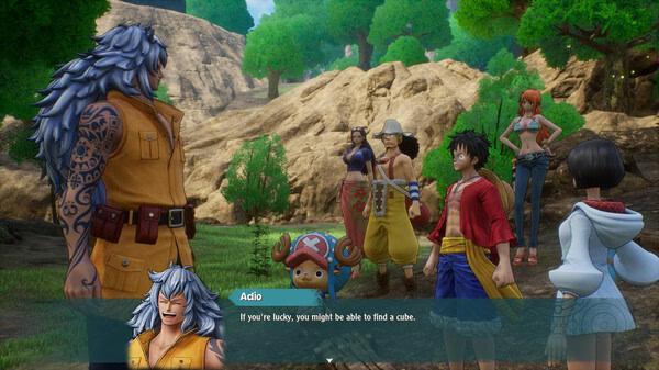 Screenshot from ONE PIECE ODYSSEY showing a group dialogue scene with Adio and Luffy in a rocky landscape.