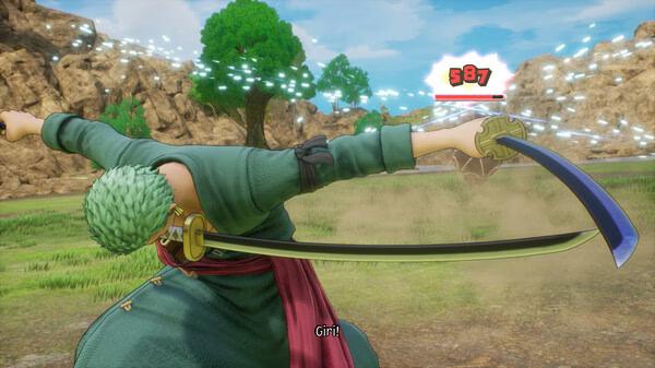 ONE PIECE ODYSSEY screenshot: A character swings a sword in combat, with "Giri!" displayed and a damage indicator of 587.