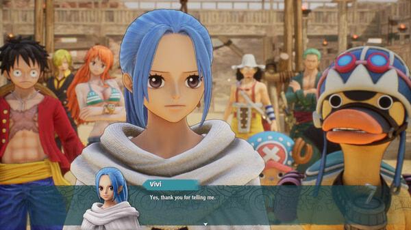 A group of characters from ONE PIECE ODYSSEY stands in a vibrant setting. Vivi speaks in the screenshot's dialogue box.