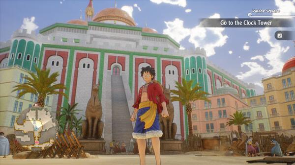 ONE PIECE ODYSSEY screenshot: A character stands in front of a grand palace with colorful architecture and palm trees.