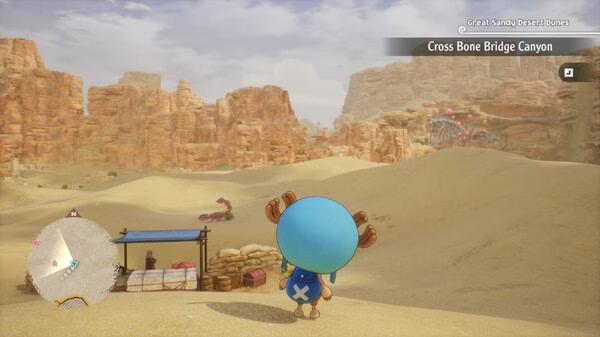 ONE PIECE ODYSSEY screenshot: A character with blue hair stands in a vast desert landscape near Cross Bone Bridge Canyon.
