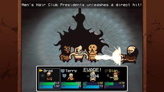 Screenshot from LISA: The Definitive Edition showing a battle scene with characters Brad, Terry, and Olan facing an enemy.