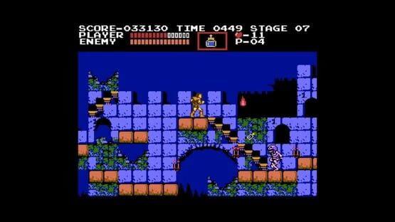 A screenshot from Castlevania Anniversary Collection shows a castle stage with a hero battling enemies on staircases.