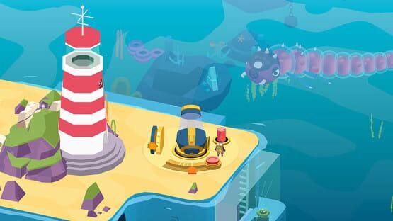 Screenshot from 'Down in Bermuda' showing a striped lighthouse on a sandy island, with an underwater creature nearby.