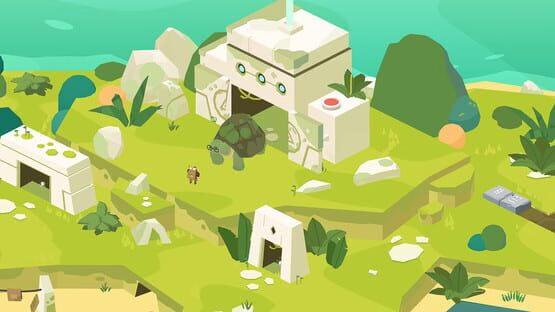 Screenshot from Down in Bermuda showing a lush island landscape with a turtle, ancient ruins, and ocean in the background.