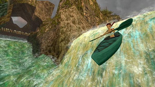 Screenshot from Tomb Raider I-III Remastered Starring Lara Croft, showing Lara paddling a kayak down a steep waterfall surrounded by rocky terrain.