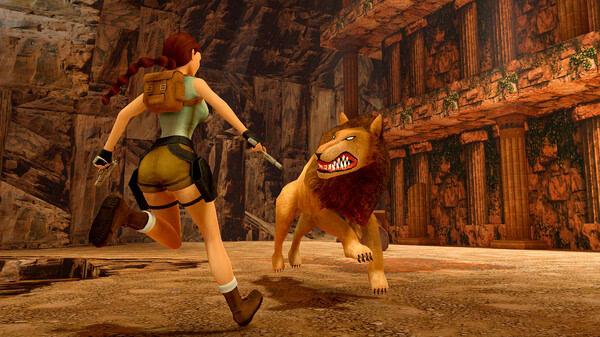 Lara Croft confronts a lion in a cave in this Tomb Raider I-III Remastered Starring Lara Croft screenshot.