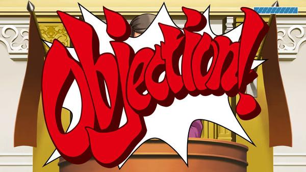 Phoenix Wright: Ace Attorney Trilogy screenshot showing a bold red "Objection!" text in a courtroom scene with wooden podiums.