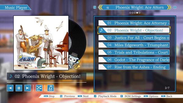 Screenshot of the music player menu in Phoenix Wright: Ace Attorney Trilogy, showing track options and album art.