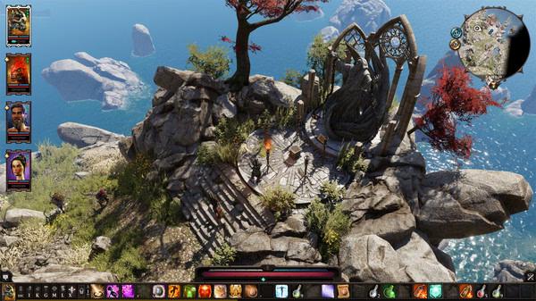 Divinity: Original Sin 2 screenshot showing characters exploring a stone altar on a rocky cliff by the sea.
