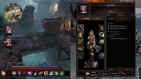 Screenshot from Divinity: Original Sin 2 showing character stats and equipment, with a bridge and two characters on the left.