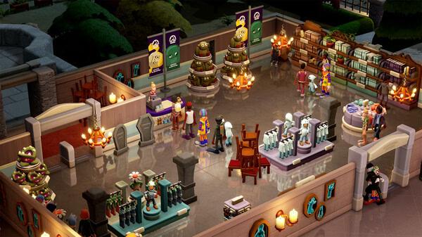 Screenshot of Two Point Museum showing visitors exploring exhibits, including statues and artifacts, in a detailed indoor setting.