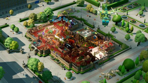 Two Point Museum screenshot: An aerial view of a bustling museum garden with exhibits, visitors, and a helicopter landing area.
