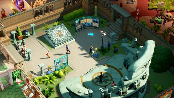 Screenshot from Two Point Museum showing visitors exploring an exhibit area with informational displays and lush greenery.
