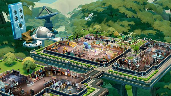 Two Point Museum screenshot showcasing a vibrant, multi-level museum surrounded by lush greenery and futuristic structures.