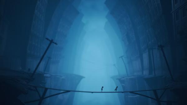 Screenshot from Little Nightmares II showing two characters walking across a narrow bridge in a dark, eerie cityscape.
