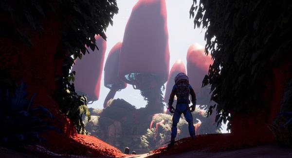 Screenshot from Journey To The Savage Planet showing a character exploring a vibrant alien landscape with large mushrooms.