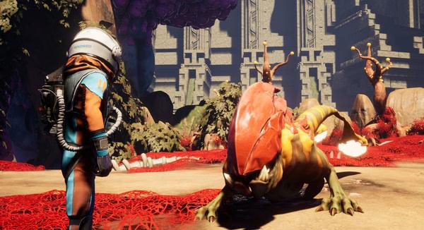 Screenshot from Journey To The Savage Planet showing a suited explorer facing a large alien creature in a vibrant, alien landscape.