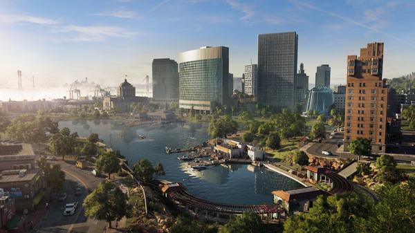 Watch_Dogs® 2 screenshot: A vibrant cityscape featuring skyscrapers, a bay with boats, and a distant bridge under a clear sky.