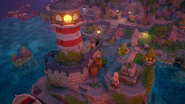 Screenshot from Luma Island game showing a lighthouse, a statue, and a character on a stone pathway by the sea.