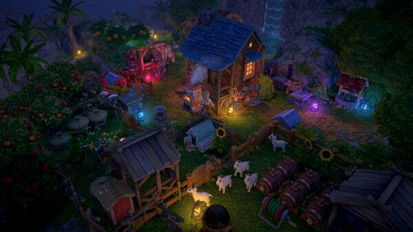 Luma Island screenshot: A vibrant farm at night with glowing lights, animals, crops, and a small wooden house near a waterfall.