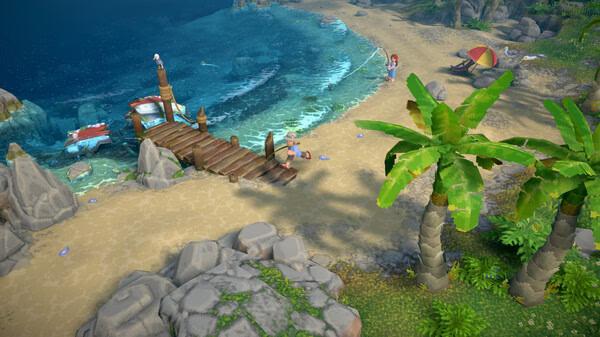 Screenshot of Luma Island showing a sandy beach with palm trees, a wooden dock, and a character near the shoreline.