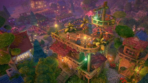 Screenshot from Luma Island game showing three characters atop a wooden structure surrounded by a vibrant village scene.