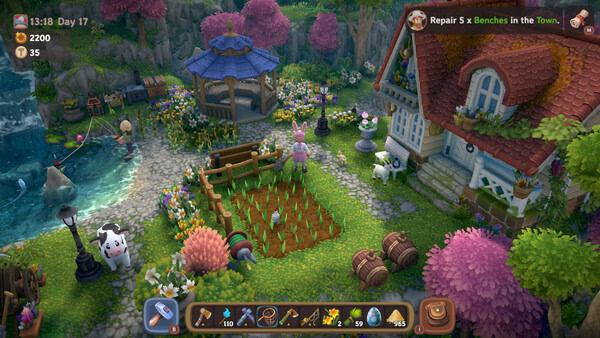 Screenshot of Luma Island showing a colorful village with gardens, animals, and a task to repair benches in the town.