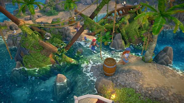 Luma Island screenshot: Characters explore a lush, tropical area with palm trees, a wooden bridge, and vibrant water surrounding them.