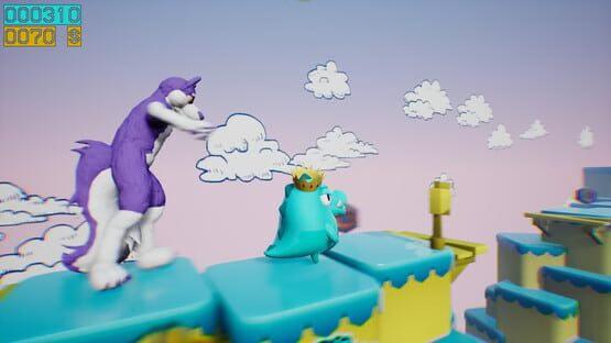 Screenshot of Dino running from a FURRY: GAMESFORFARM. A furry creature chases a small dino wearing a crown on colorful platforms.