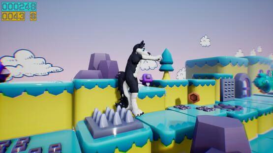 Screenshot from Dino running from a FURRY: GAMESFORFARM showing a furry character navigating a colorful, platform-filled landscape.