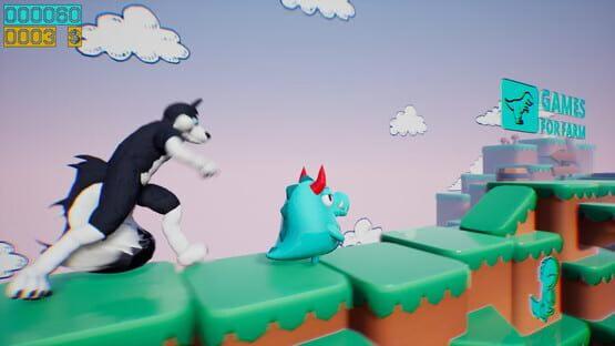 Dino running from a FURRY: GAMESFORFARM screenshot. A blue dinosaur evades a black and white wolf on a blocky terrain.