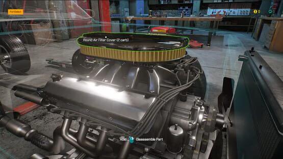 Car Mechanic Simulator 2018 screenshot: Close-up of an engine with a round air filter cover in a detailed garage setting.
