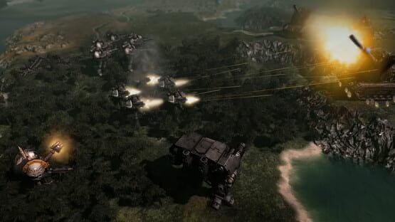 Warhammer 40,000: Gladius - Relics of War screenshot showing flying units attacking a coastal area with explosions and forest terrain.